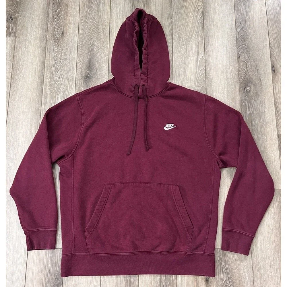 Nike Club Fleece Hoodie Mens Sz Large Burgundy Logo Fleece Lined Front Pocket